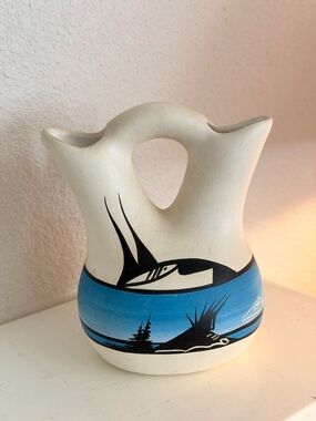 Vintage Acoma Style Wedding Vase Signed Native Pottery Southwest Art Bird